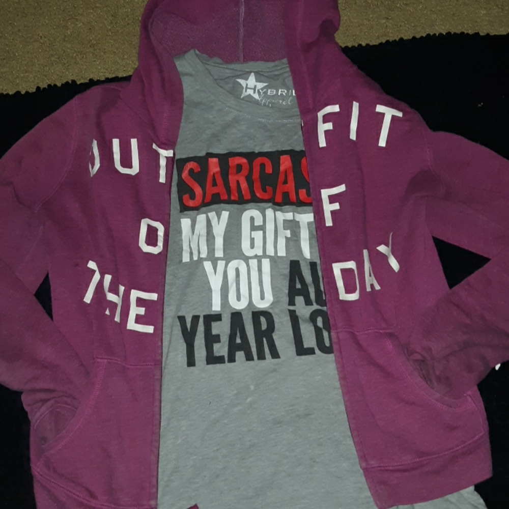 Pink hoodie with gray logo shirt